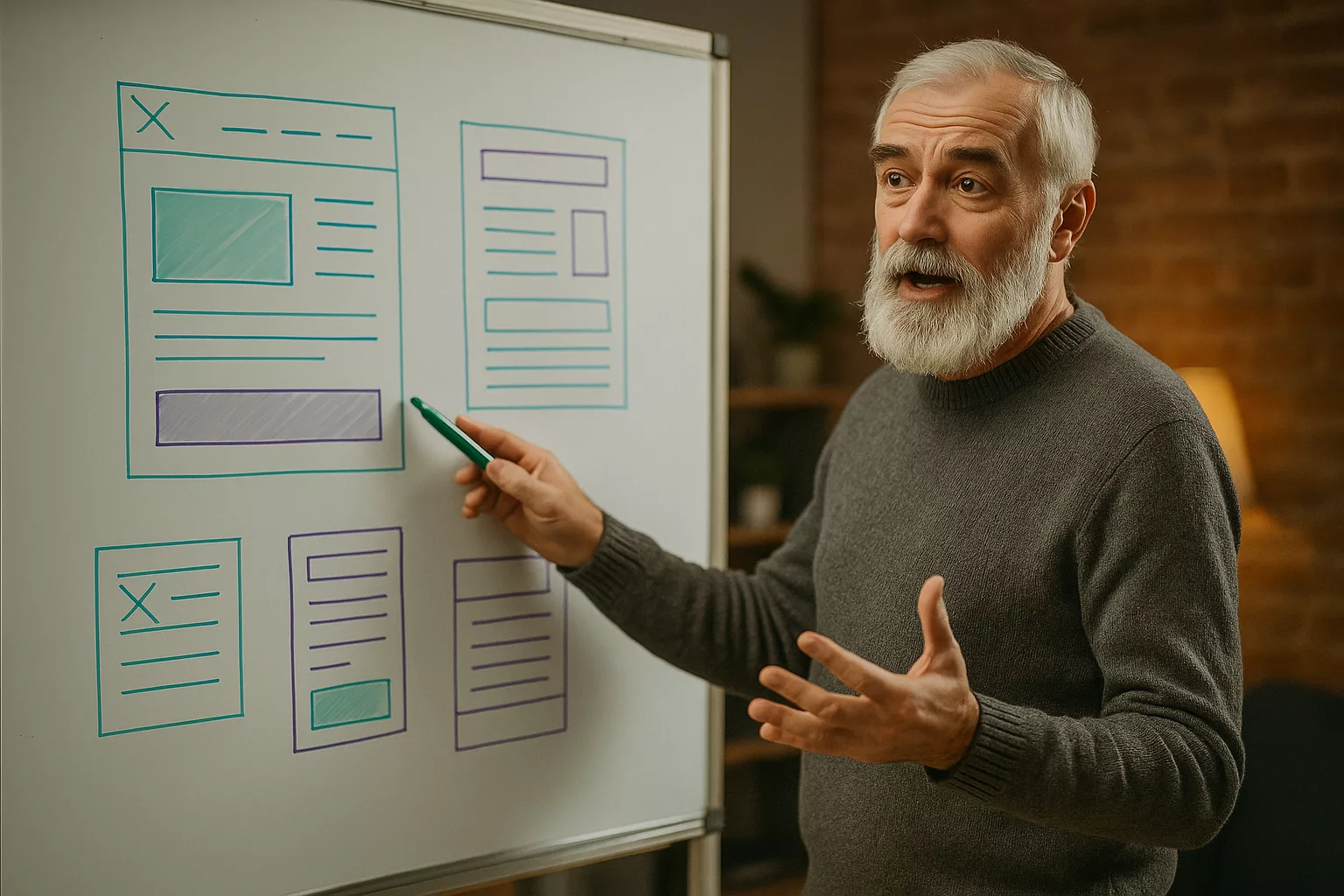 Пожилой преподаватель объясняет схему сайта