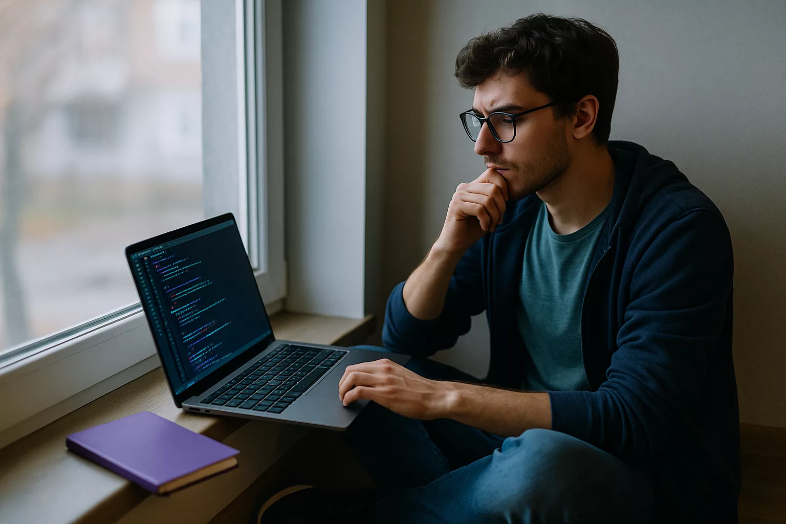 Парень-фрилансер изучает код на ноутбуке у окна