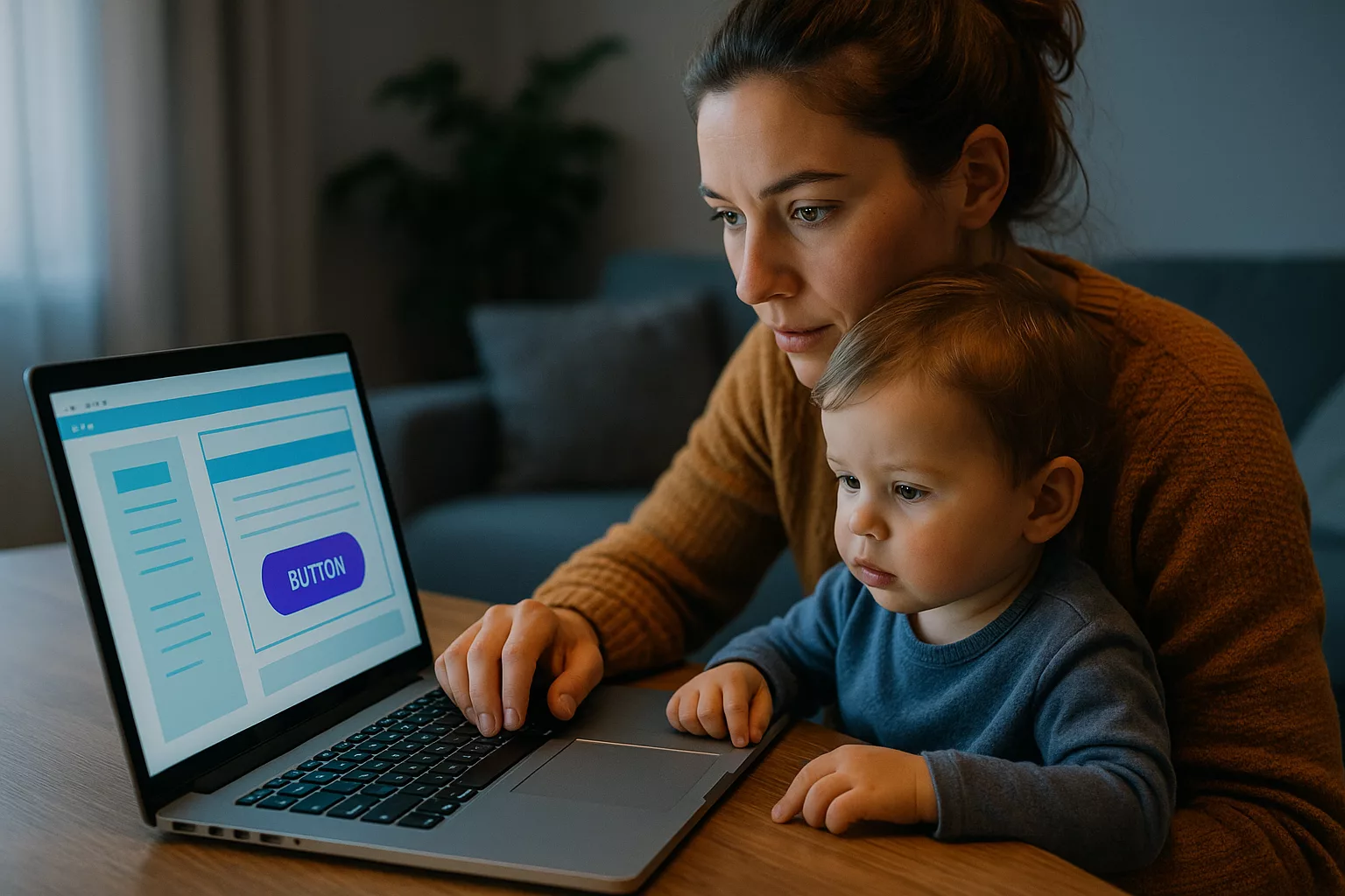 Мама с ребёнком изучает макет сайта на ноутбуке