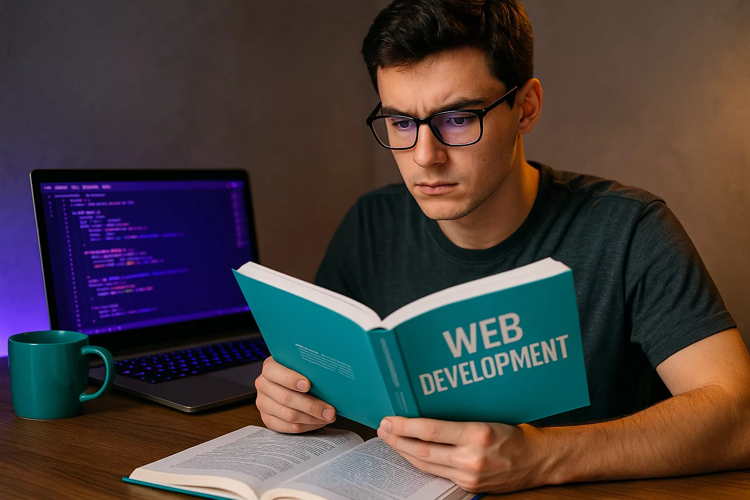 Студент изучает веб-разработку на ноутбуке и в книге