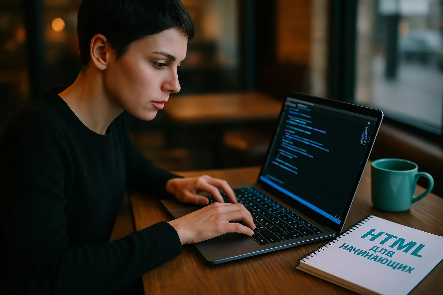 Женщина пишет код на ноутбуке в кафе